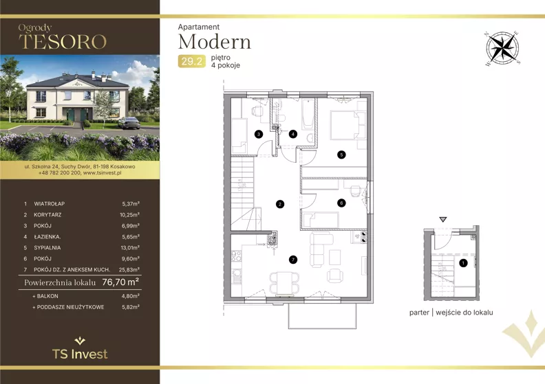3 pokoje, apartament 77,00 m², piętro 1, oferta nr 29.2, Ogrody Tesoro - Apartamenty Modern, Gdynia, Pogórze, Suchy Dwór ul. Szkolna 24