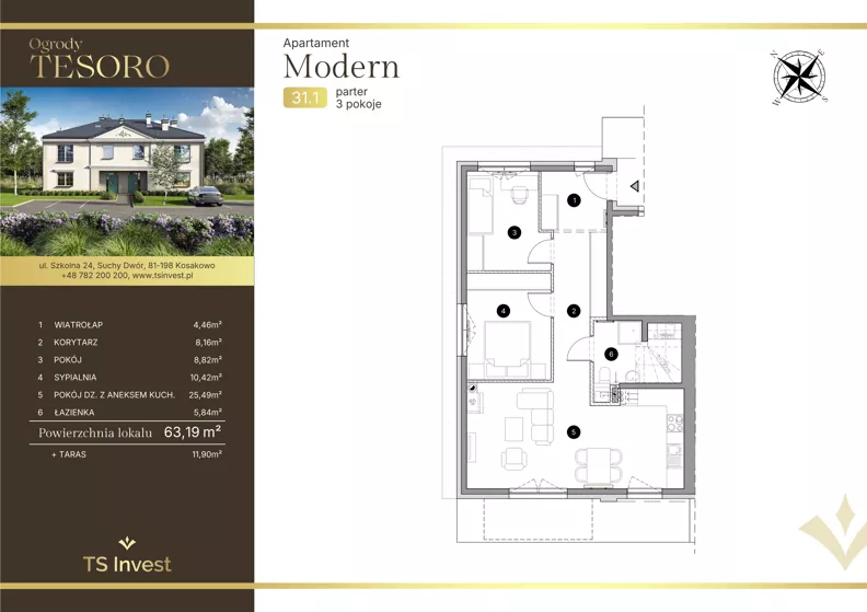 3 pokoje, apartament 63,00 m², parter, oferta nr 31.1, Ogrody Tesoro - Apartamenty Modern, Gdynia, Pogórze, Suchy Dwór ul. Szkolna 24