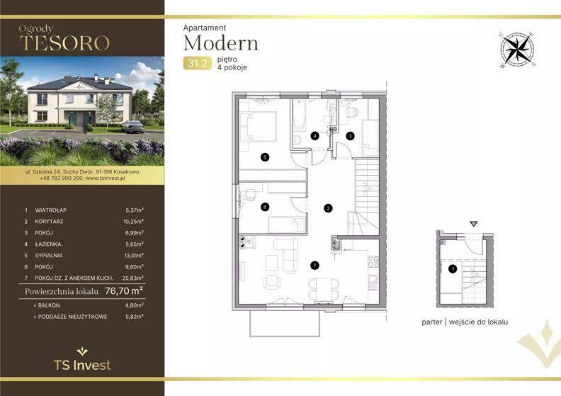 4 pokoje, apartament 77,00 m², piętro 1, oferta nr 31.2, Ogrody Tesoro - Apartamenty Modern, Gdynia, Pogórze, Suchy Dwór ul. Szkolna 24