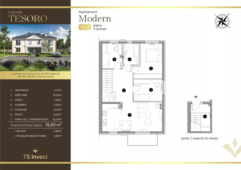 4 pokoje, apartament 77,00 m², piętro 1, oferta nr 41.2, Ogrody Tesoro - Apartamenty Modern, Gdynia, Pogórze, Suchy Dwór ul. Szkolna 24