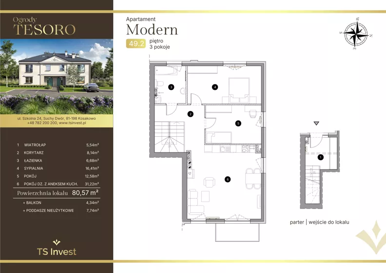 3 pokoje, apartament 81,00 m², piętro 1, oferta nr 49.2, Ogrody Tesoro - Apartamenty Modern, Gdynia, Pogórze, Suchy Dwór ul. Szkolna 24