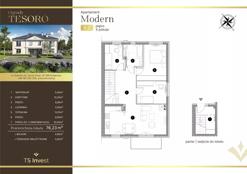 4 pokoje, apartament 77,00 m², piętro 1, oferta nr 5.2, Ogrody Tesoro - Apartamenty Modern, Gdynia, Pogórze, Suchy Dwór ul. Szkolna 24