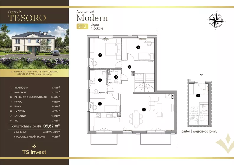 4 pokoje, apartament 106,00 m², piętro 1, oferta nr 51.2, Ogrody Tesoro - Apartamenty Modern, Gdynia, Pogórze, Suchy Dwór ul. Szkolna 24