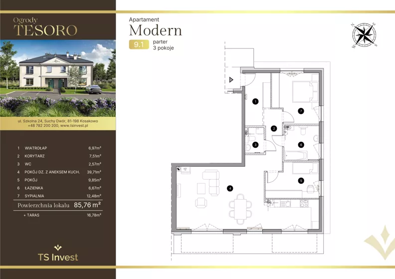 3 pokoje, apartament 86,00 m², parter, oferta nr 9.1, Ogrody Tesoro - Apartamenty Modern, Gdynia, Pogórze, Suchy Dwór ul. Szkolna 24