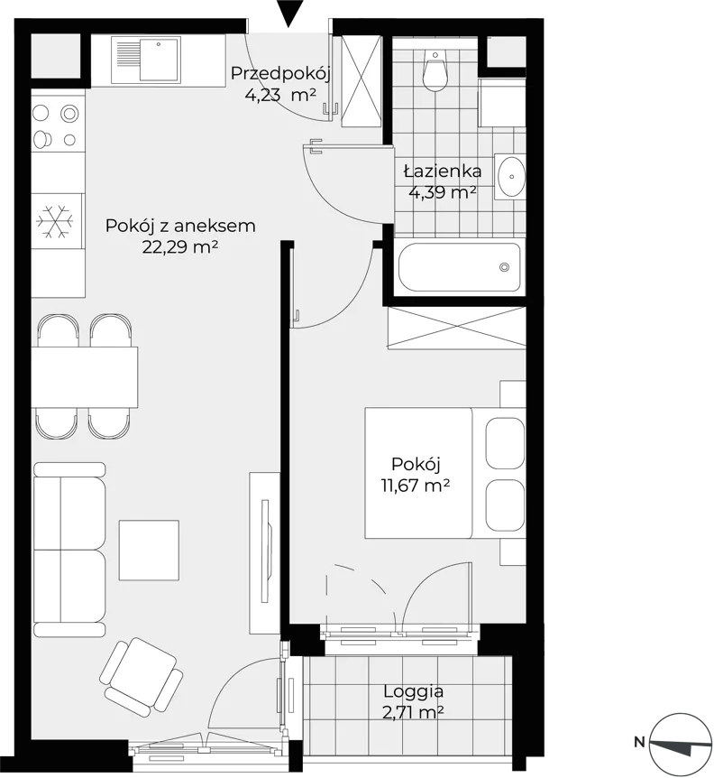 2 pokoje, mieszkanie 42,58 m², piętro 3, oferta nr F1-32, Piasta Park VII, Kraków, Mistrzejowice, Osiedle Piastów, Osiedle Piastów 63