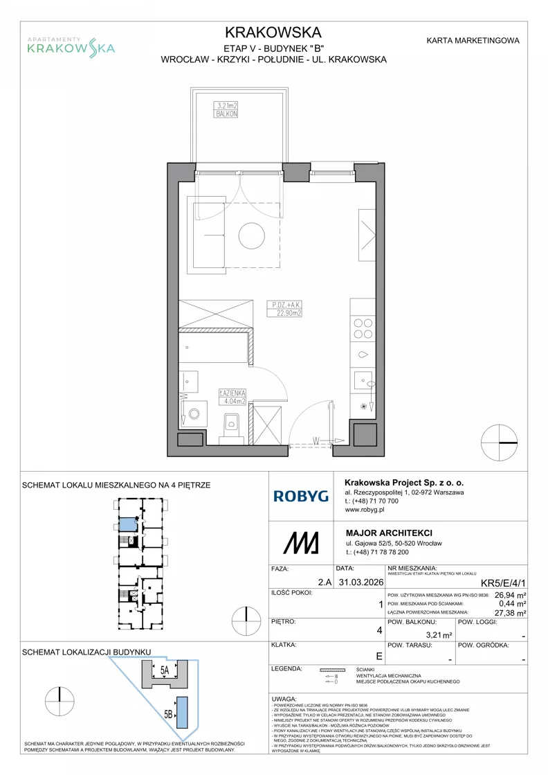 1 pokój, mieszkanie 26,94 m², piętro 4, oferta nr KR5/E/4/1, Apartamenty Krakowska 5, Wrocław, Przedmieście Oławskie, Krzyki, ul. Krakowska