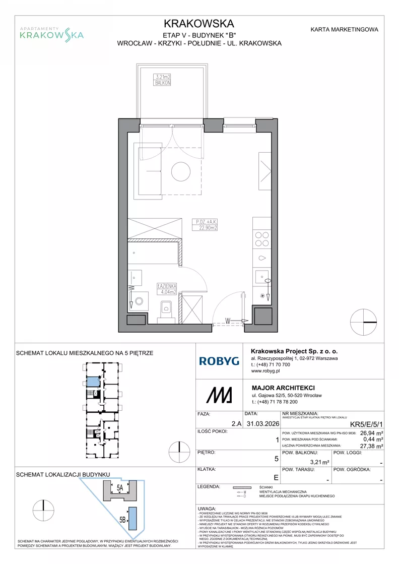 1 pokój, mieszkanie 26,94 m², piętro 5, oferta nr KR5/E/5/1, Apartamenty Krakowska 5, Wrocław, Przedmieście Oławskie, Krzyki, ul. Krakowska