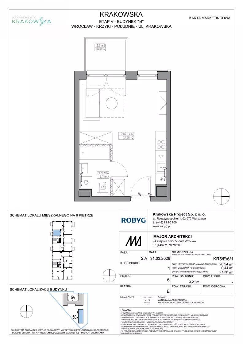 1 pokój, mieszkanie 26,94 m², piętro 6, oferta nr KR5/E/6/1, Apartamenty Krakowska 5, Wrocław, Przedmieście Oławskie, Krzyki, ul. Krakowska