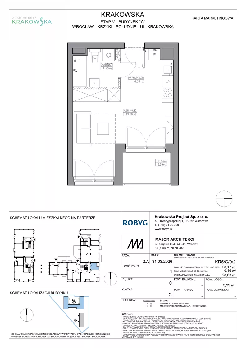 1 pokój, mieszkanie 28,17 m², parter, oferta nr KR5/C/0/2, Apartamenty Krakowska 5, Wrocław, Przedmieście Oławskie, Krzyki, ul. Krakowska