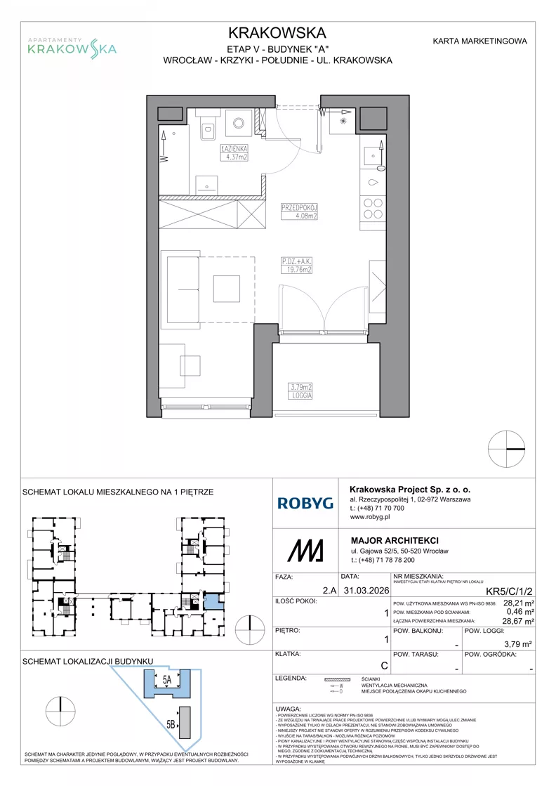 1 pokój, mieszkanie 28,21 m², piętro 1, oferta nr KR5/C/1/2, Apartamenty Krakowska 5, Wrocław, Przedmieście Oławskie, Krzyki, ul. Krakowska