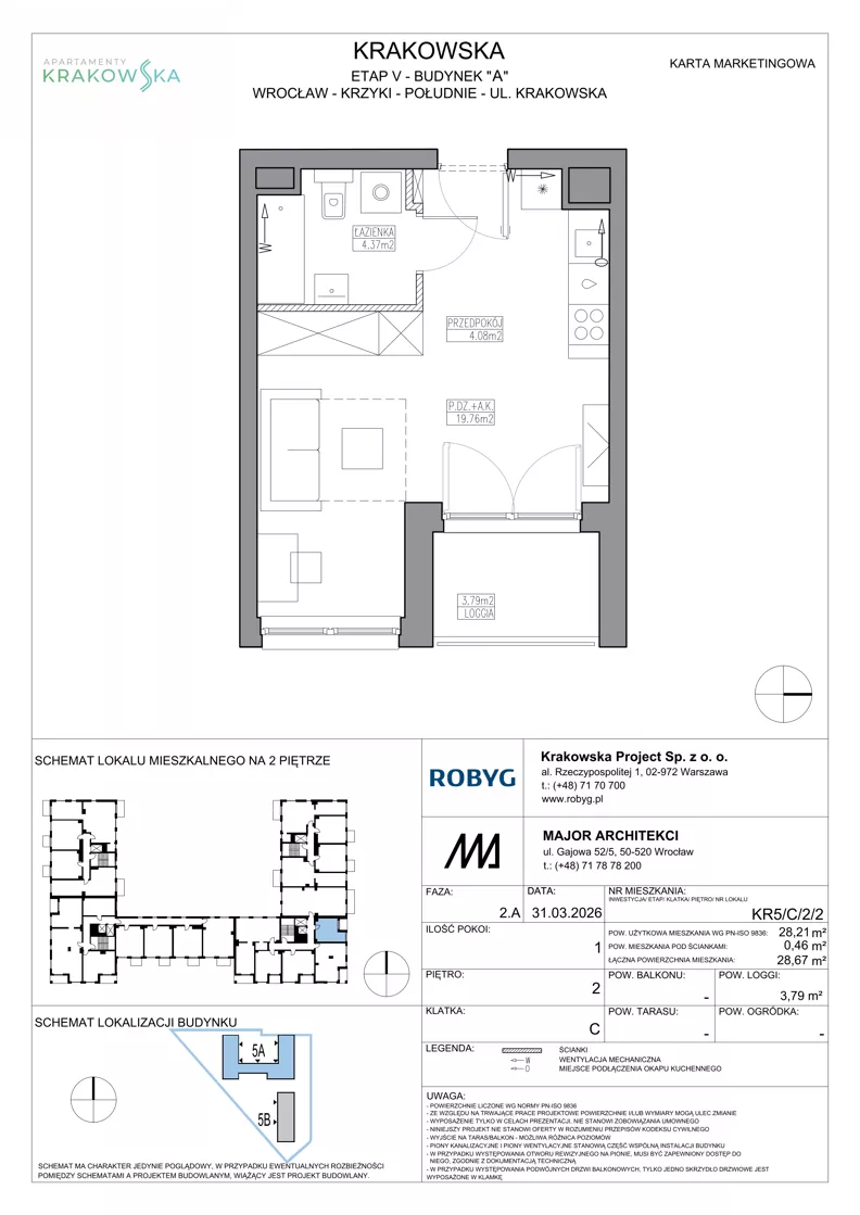 1 pokój, mieszkanie 28,21 m², piętro 2, oferta nr KR5/C/2/2, Apartamenty Krakowska 5, Wrocław, Przedmieście Oławskie, Krzyki, ul. Krakowska