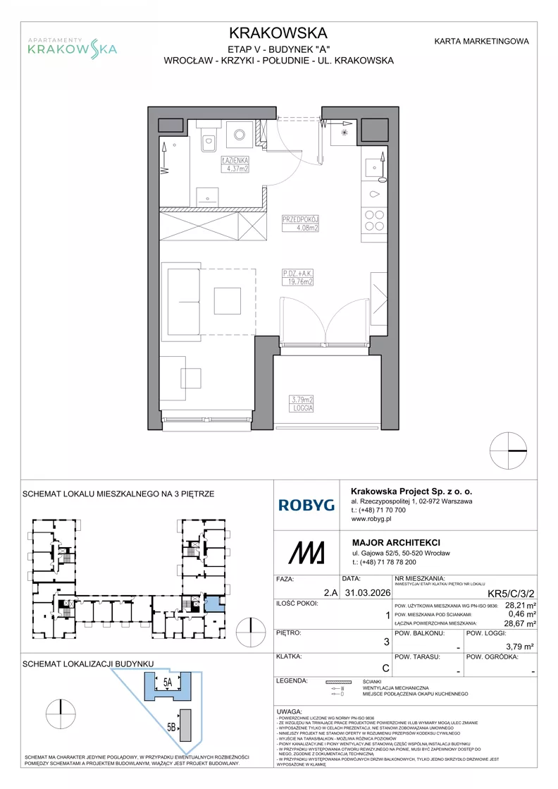 1 pokój, mieszkanie 28,21 m², piętro 3, oferta nr KR5/C/3/2, Apartamenty Krakowska 5, Wrocław, Przedmieście Oławskie, Krzyki, ul. Krakowska
