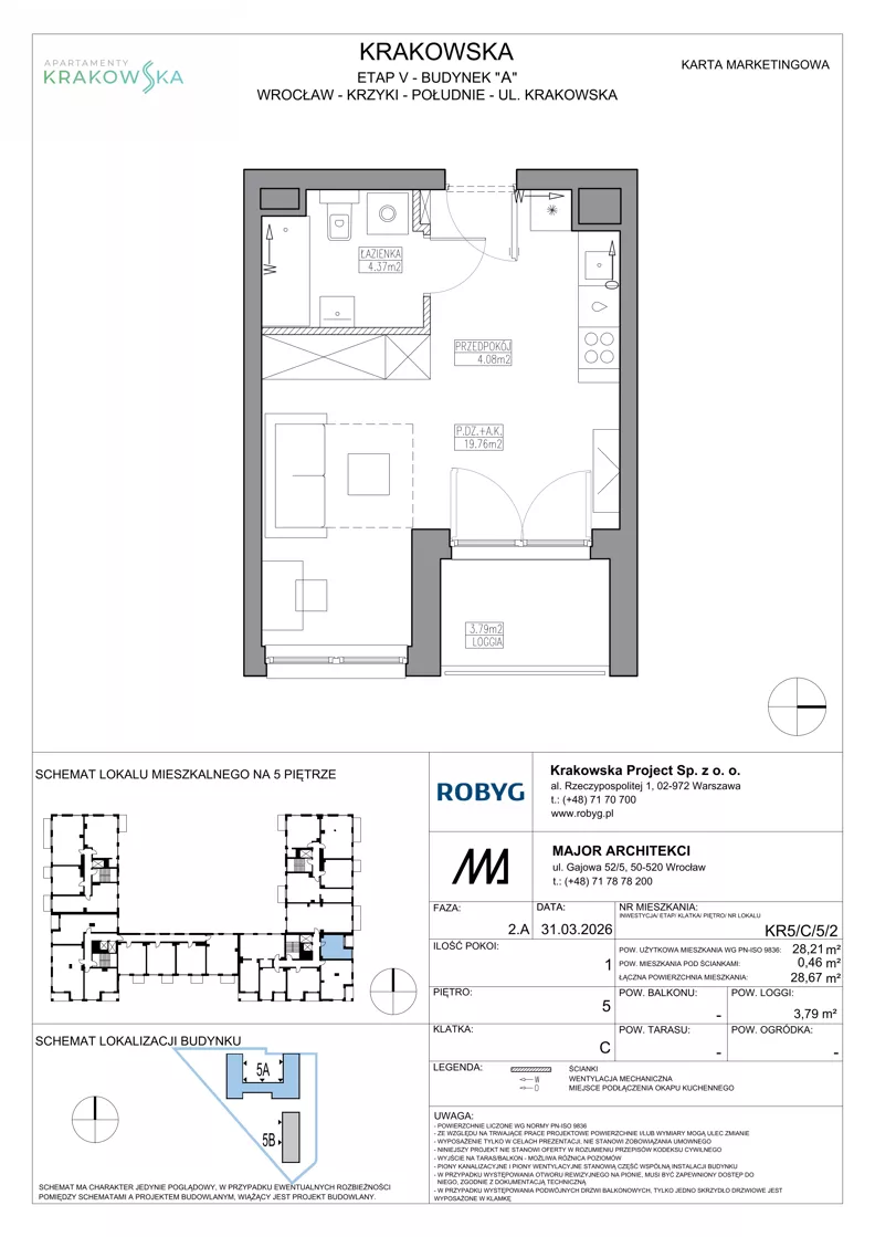 1 pokój, mieszkanie 28,21 m², piętro 5, oferta nr KR5/C/5/2, Apartamenty Krakowska 5, Wrocław, Przedmieście Oławskie, Krzyki, ul. Krakowska