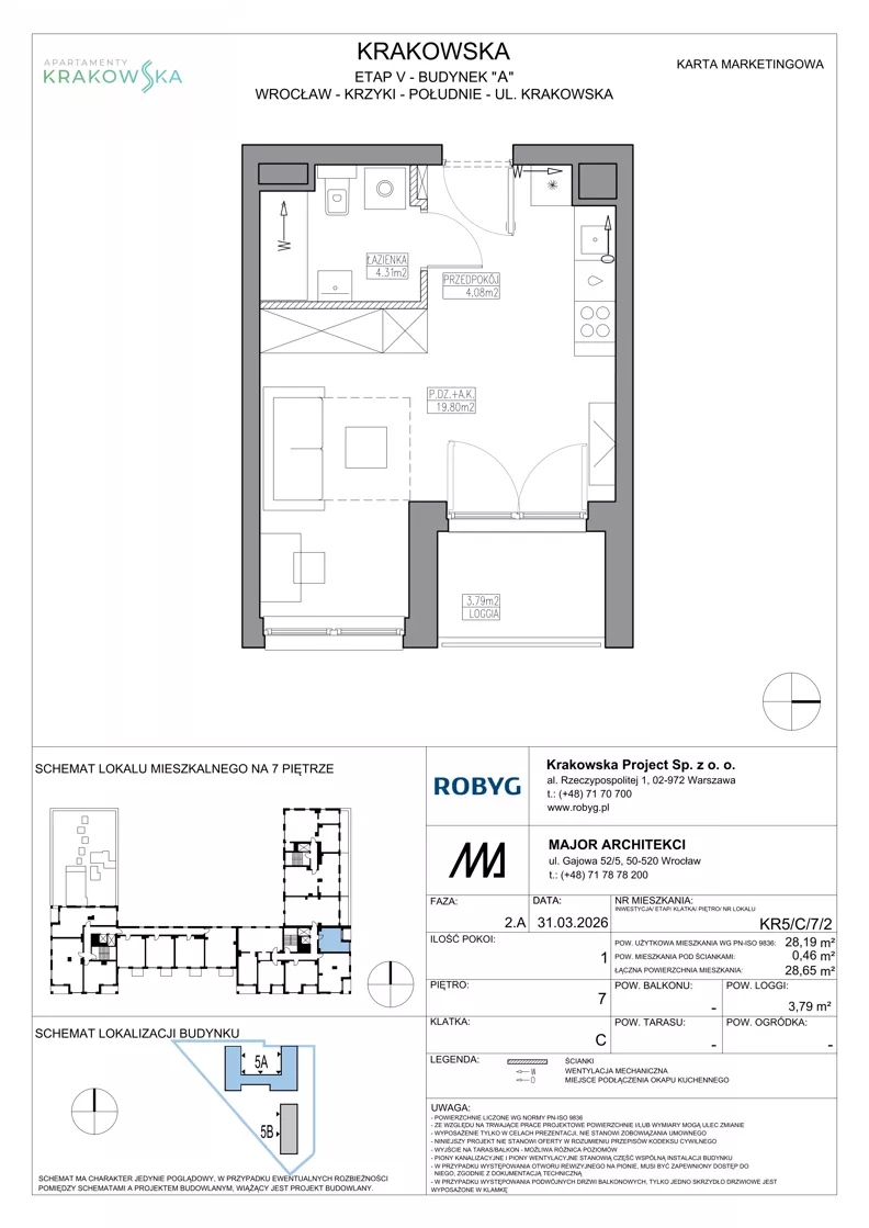 1 pokój, mieszkanie 28,19 m², piętro 7, oferta nr KR5/C/7/2, Apartamenty Krakowska 5, Wrocław, Przedmieście Oławskie, Krzyki, ul. Krakowska