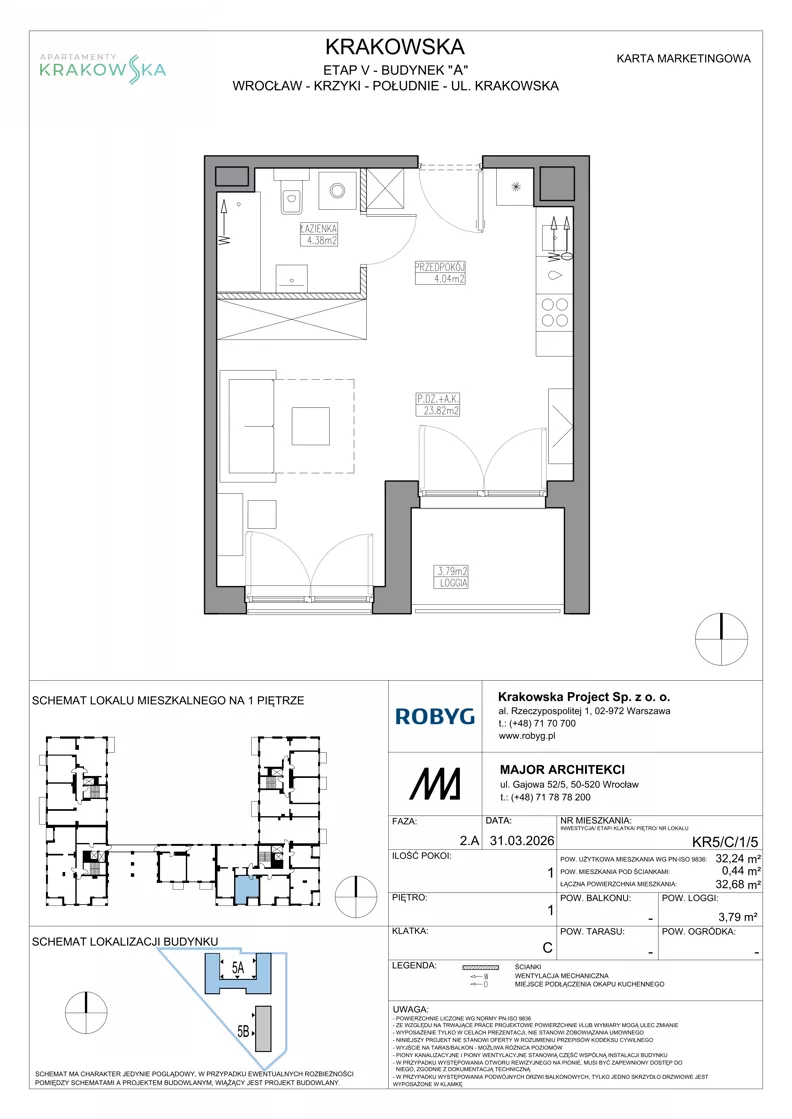 1 pokój, mieszkanie 32,24 m², piętro 1, oferta nr KR5/C/1/5, Apartamenty Krakowska 5, Wrocław, Przedmieście Oławskie, Krzyki, ul. Krakowska