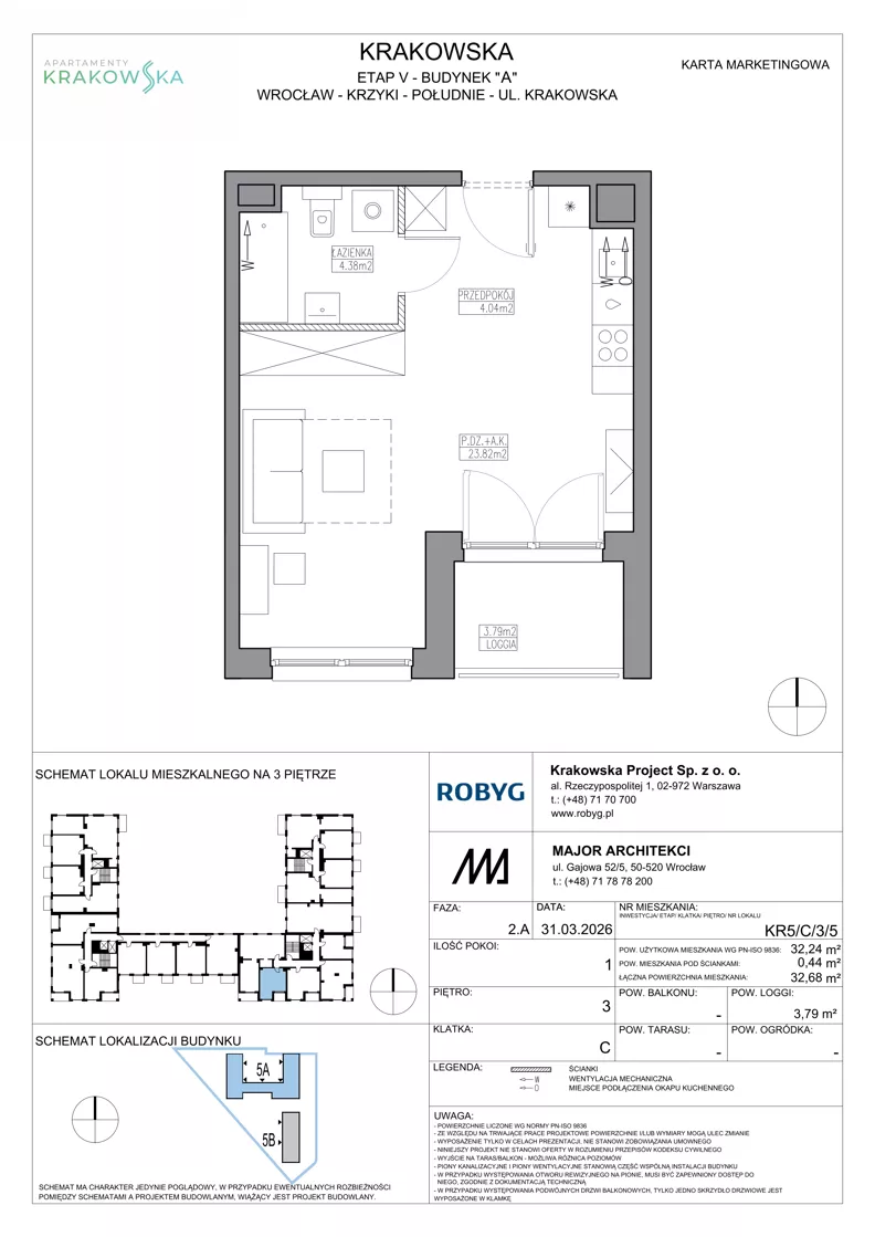 1 pokój, mieszkanie 32,24 m², piętro 3, oferta nr KR5/C/3/5, Apartamenty Krakowska 5, Wrocław, Przedmieście Oławskie, Krzyki, ul. Krakowska