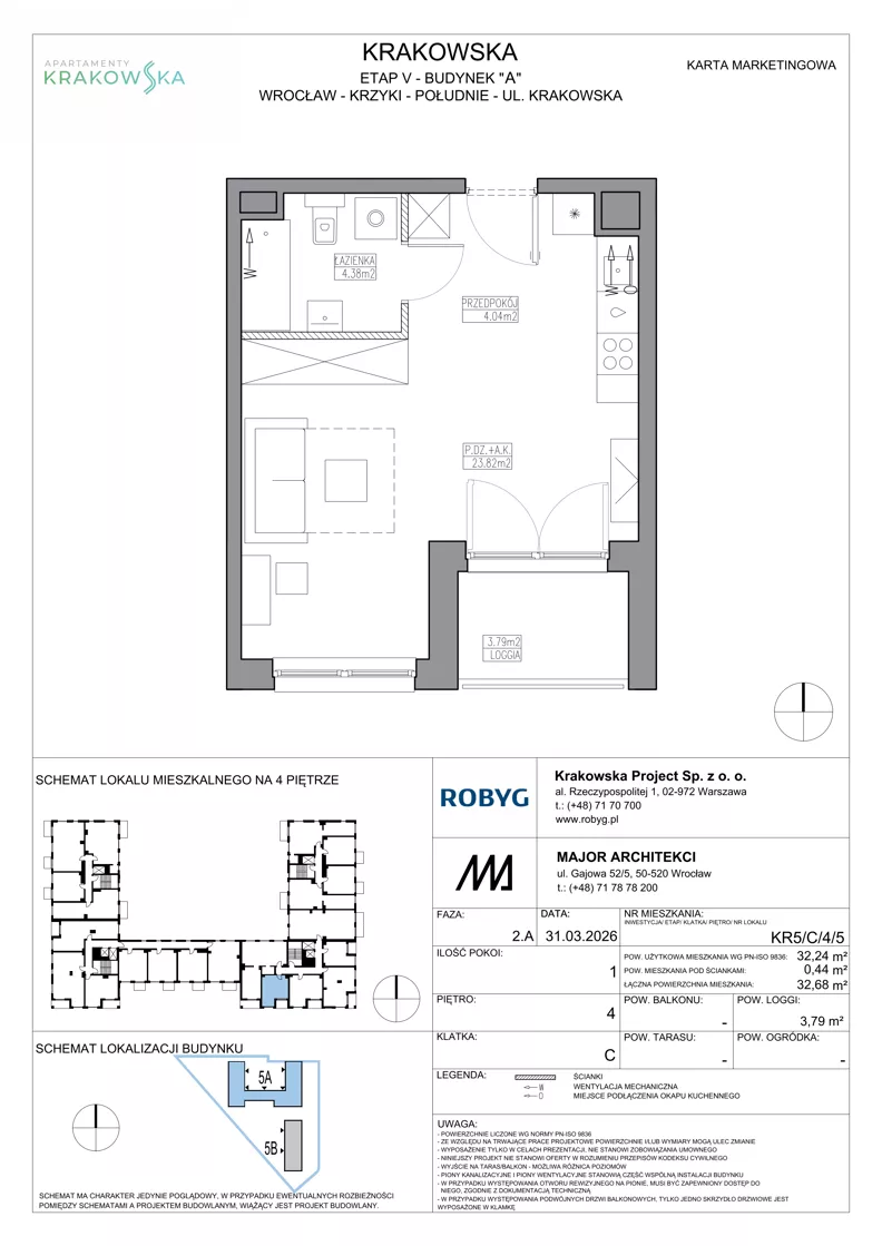 1 pokój, mieszkanie 32,24 m², piętro 4, oferta nr KR5/C/4/5, Apartamenty Krakowska 5, Wrocław, Przedmieście Oławskie, Krzyki, ul. Krakowska