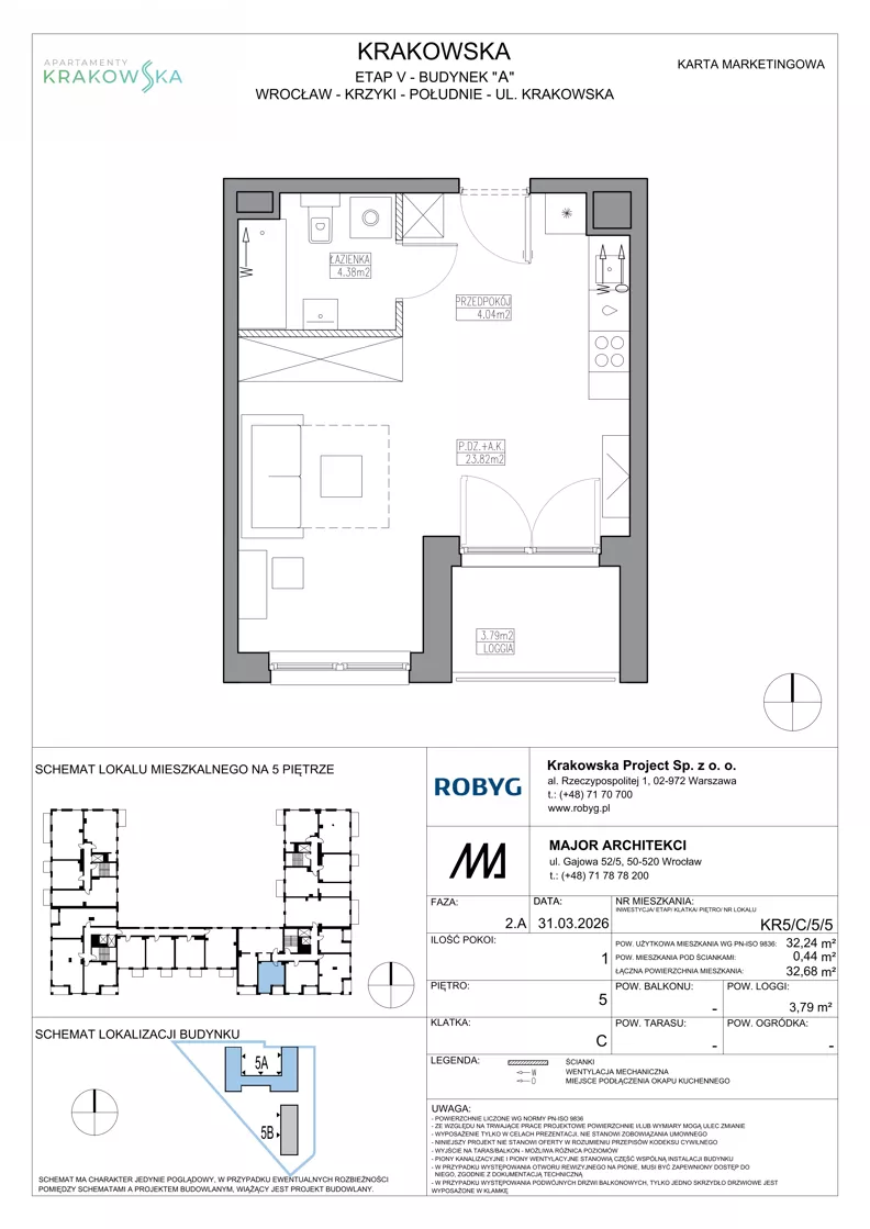 1 pokój, mieszkanie 32,24 m², piętro 5, oferta nr KR5/C/5/5, Apartamenty Krakowska 5, Wrocław, Przedmieście Oławskie, Krzyki, ul. Krakowska