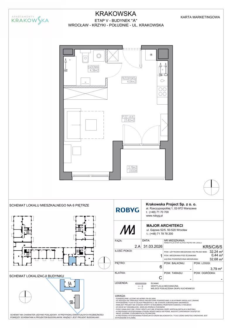 1 pokój, mieszkanie 32,24 m², piętro 6, oferta nr KR5/C/6/5, Apartamenty Krakowska 5, Wrocław, Przedmieście Oławskie, Krzyki, ul. Krakowska