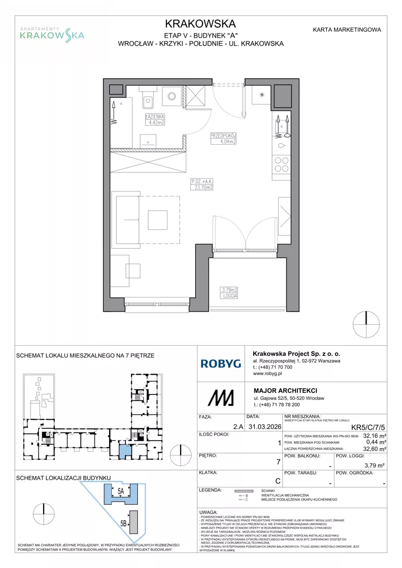 1 pokój, mieszkanie 32,16 m², piętro 7, oferta nr KR5/C/7/5, Apartamenty Krakowska 5, Wrocław, Przedmieście Oławskie, Krzyki, ul. Krakowska