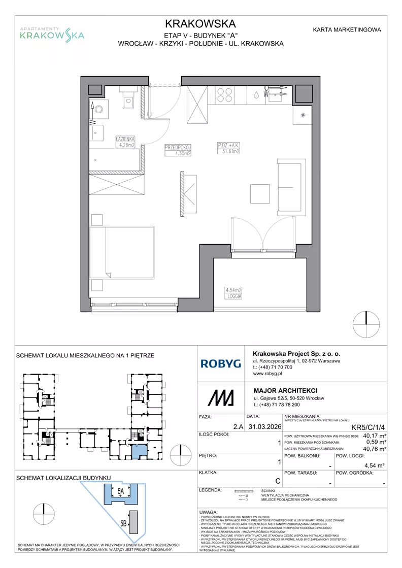 1 pokój, mieszkanie 40,17 m², piętro 1, oferta nr KR5/C/1/4, Apartamenty Krakowska 5, Wrocław, Przedmieście Oławskie, Krzyki, ul. Krakowska