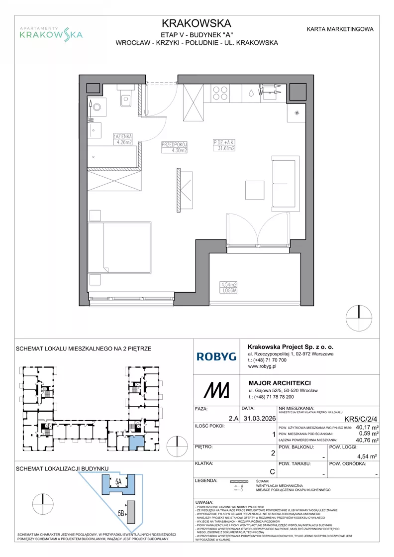 1 pokój, mieszkanie 40,17 m², piętro 2, oferta nr KR5/C/2/4, Apartamenty Krakowska 5, Wrocław, Przedmieście Oławskie, Krzyki, ul. Krakowska