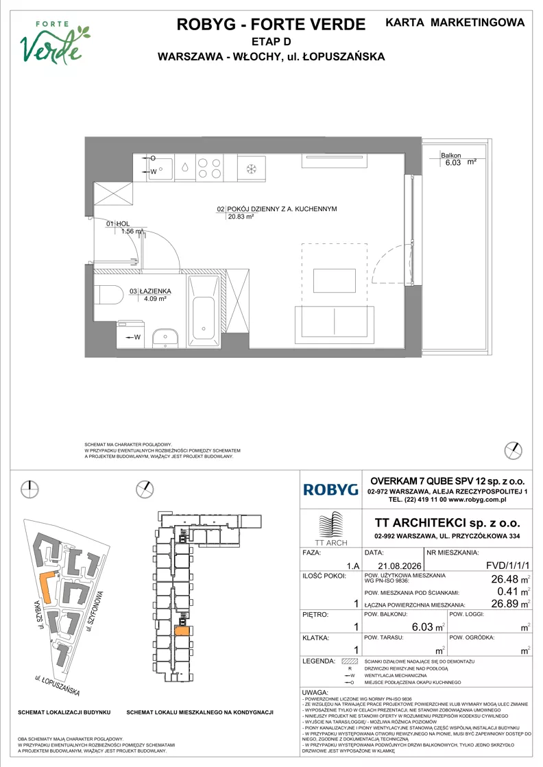 1 pokój, mieszkanie 26,48 m², piętro 1, oferta nr FVD/1/1/1, Forte Verde, Warszawa, Włochy, Raków, ul. Łopuszańska