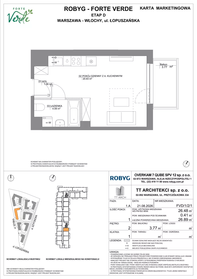 1 pokój, mieszkanie 26,48 m², piętro 2, oferta nr FVD/1/2/1, Forte Verde, Warszawa, Włochy, Raków, ul. Łopuszańska