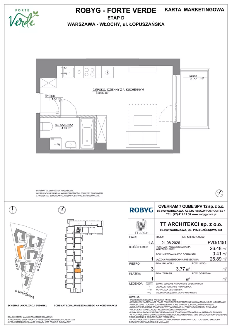 1 pokój, mieszkanie 26,48 m², piętro 3, oferta nr FVD/1/3/1, Forte Verde, Warszawa, Włochy, Raków, ul. Łopuszańska