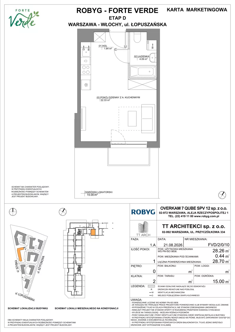 1 pokój, mieszkanie 28,26 m², parter, oferta nr FVD/2/0/10, Forte Verde, Warszawa, Włochy, Raków, ul. Łopuszańska