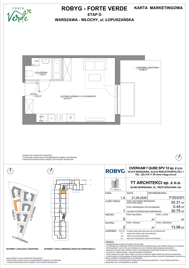1 pokój, mieszkanie 30,31 m², parter, oferta nr FVD/2/0/1, Forte Verde, Warszawa, Włochy, Raków, ul. Łopuszańska