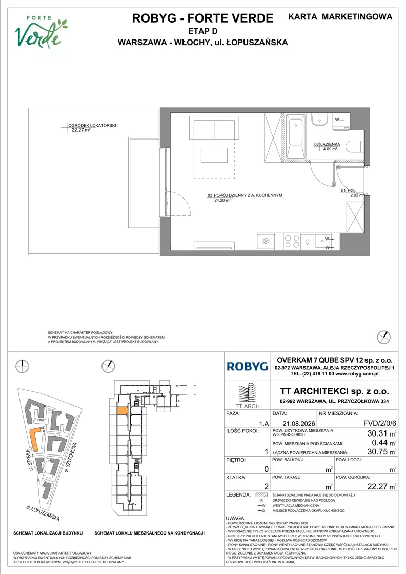 1 pokój, mieszkanie 30,31 m², parter, oferta nr FVD/2/0/6, Forte Verde, Warszawa, Włochy, Raków, ul. Łopuszańska