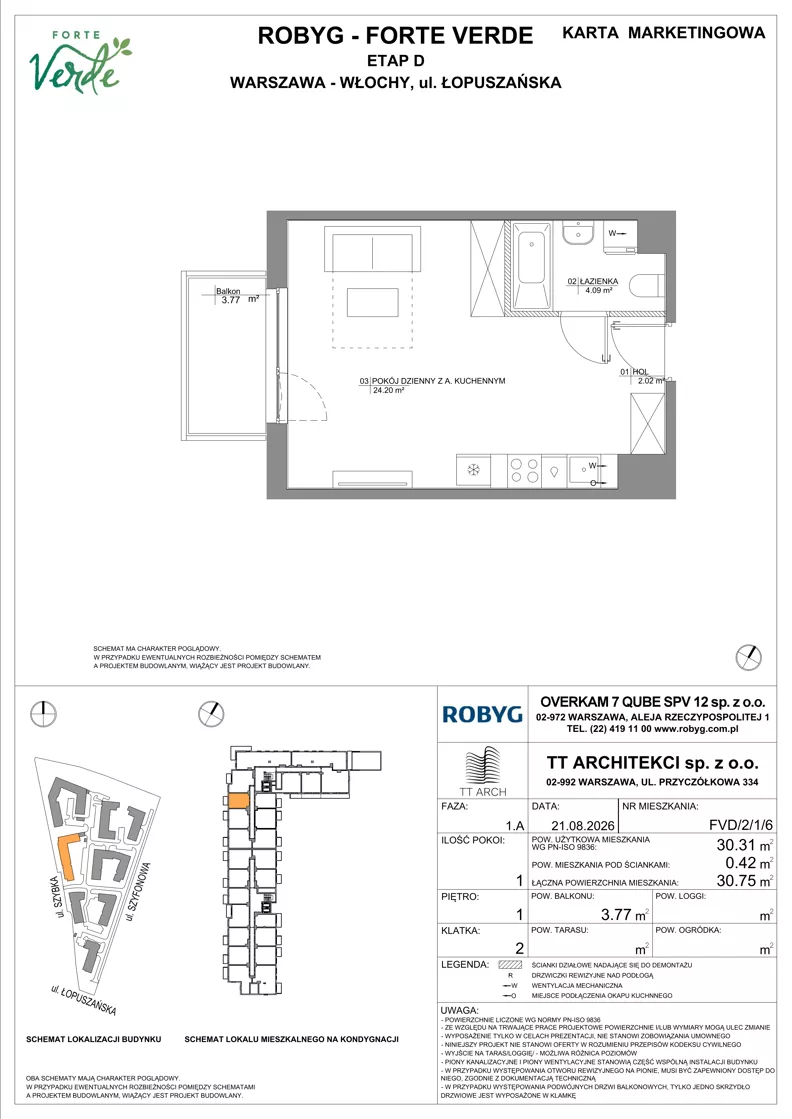 1 pokój, mieszkanie 30,31 m², piętro 1, oferta nr FVD/2/1/6, Forte Verde, Warszawa, Włochy, Raków, ul. Łopuszańska