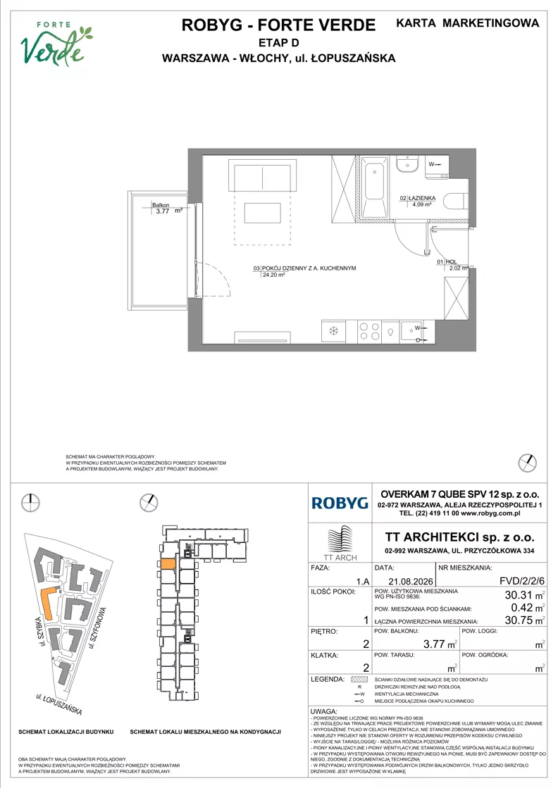1 pokój, mieszkanie 30,31 m², piętro 2, oferta nr FVD/2/2/6, Forte Verde, Warszawa, Włochy, Raków, ul. Łopuszańska
