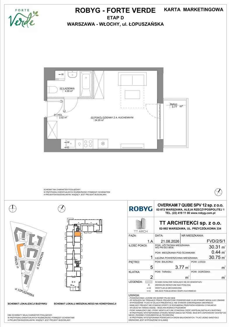 1 pokój, mieszkanie 30,31 m², piętro 5, oferta nr FVD/2/5/1, Forte Verde, Warszawa, Włochy, Raków, ul. Łopuszańska