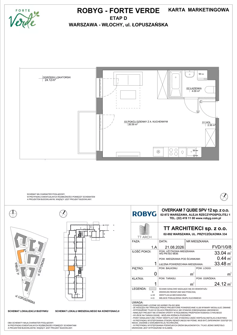 1 pokój, mieszkanie 33,04 m², parter, oferta nr FVD/1/0/8, Forte Verde, Warszawa, Włochy, Raków, ul. Łopuszańska