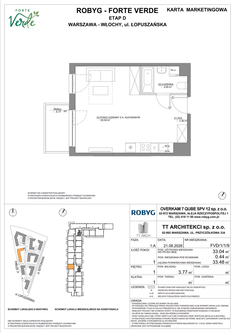 1 pokój, mieszkanie 33,04 m², piętro 1, oferta nr FVD/1/1/9, Forte Verde, Warszawa, Włochy, Raków, ul. Łopuszańska