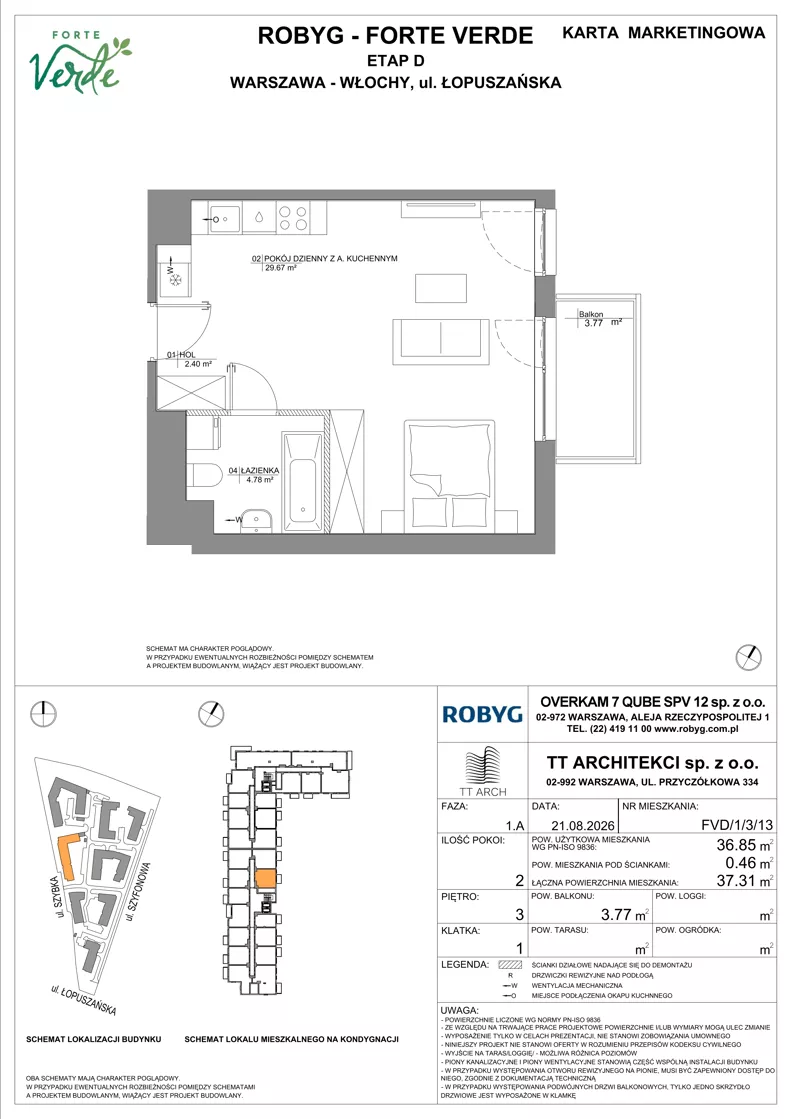 1 pokój, mieszkanie 36,85 m², piętro 3, oferta nr FVD/1/3/13, Forte Verde, Warszawa, Włochy, Raków, ul. Łopuszańska