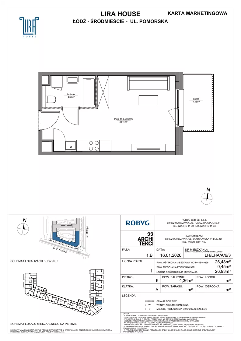 1 pokój, mieszkanie 26,48 m², piętro 6, oferta nr LH/LHA/A/6/3, Lira House, Łódź, Śródmieście, ul. Pomorska
