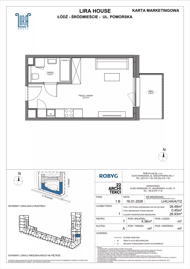 1 pokój, mieszkanie 26,48 m², piętro 7, oferta nr LH/LHA/A/7/2, Lira House, Łódź, Śródmieście, ul. Pomorska