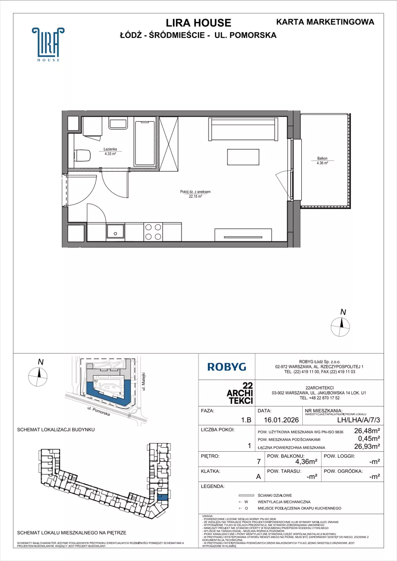 1 pokój, mieszkanie 26,48 m², piętro 7, oferta nr LH/LHA/A/7/3, Lira House, Łódź, Śródmieście, ul. Pomorska