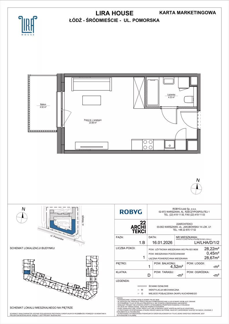 1 pokój, mieszkanie 28,22 m², piętro 1, oferta nr LH/LHA/D/1/2, Lira House, Łódź, Śródmieście, ul. Pomorska