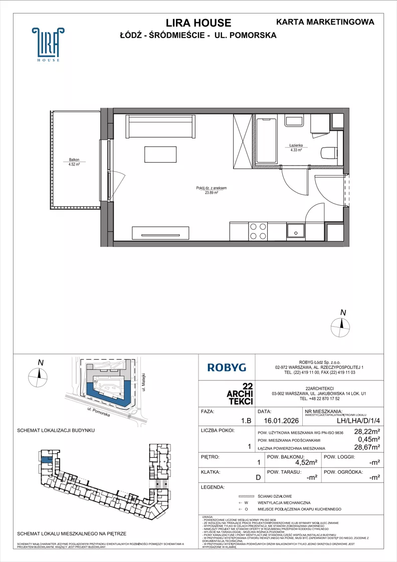 1 pokój, mieszkanie 28,22 m², piętro 1, oferta nr LH/LHA/D/1/4, Lira House, Łódź, Śródmieście, ul. Pomorska