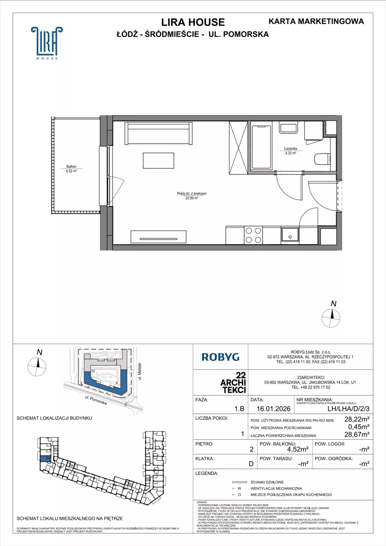 1 pokój, mieszkanie 28,22 m², piętro 2, oferta nr LH/LHA/D/2/3, Lira House, Łódź, Śródmieście, ul. Pomorska