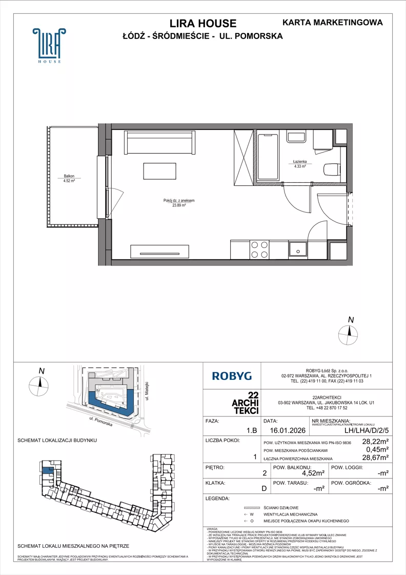 1 pokój, mieszkanie 28,22 m², piętro 2, oferta nr LH/LHA/D/2/5, Lira House, Łódź, Śródmieście, ul. Pomorska