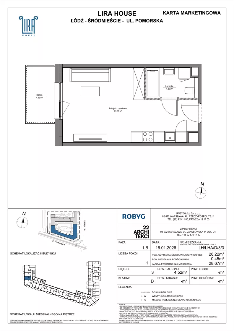 1 pokój, mieszkanie 28,22 m², piętro 3, oferta nr LH/LHA/D/3/3, Lira House, Łódź, Śródmieście, ul. Pomorska