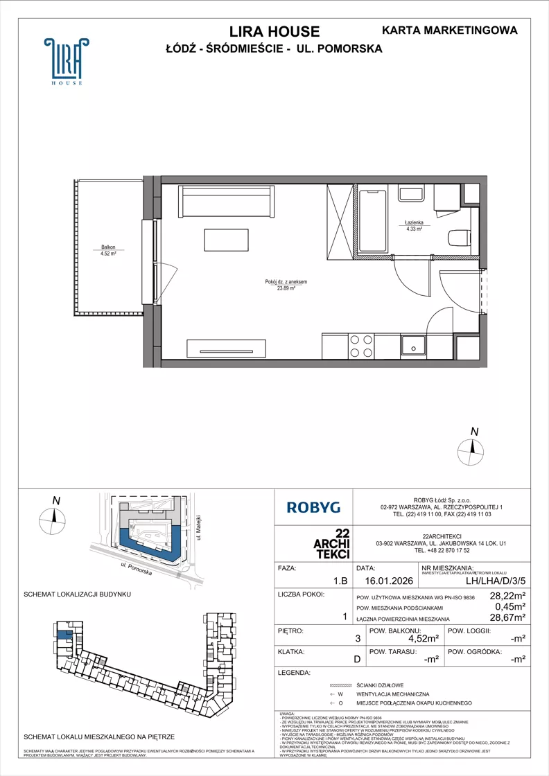 1 pokój, mieszkanie 28,22 m², piętro 3, oferta nr LH/LHA/D/3/5, Lira House, Łódź, Śródmieście, ul. Pomorska