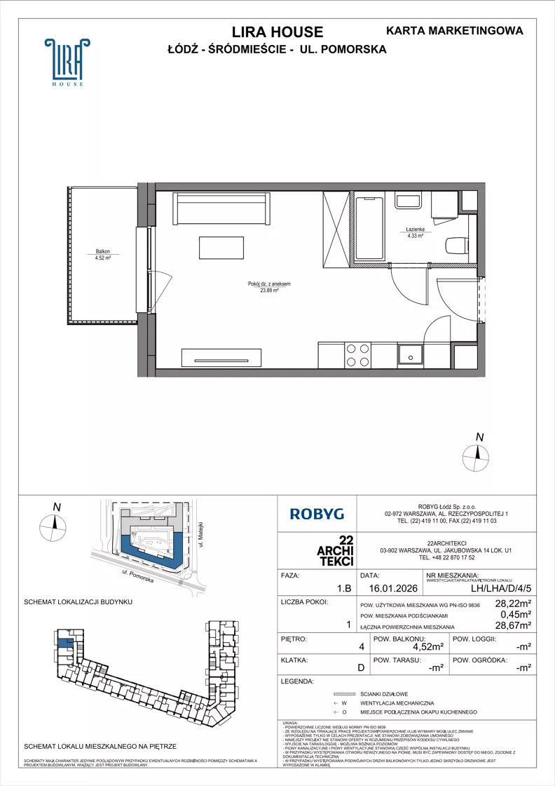 1 pokój, mieszkanie 28,22 m², piętro 4, oferta nr LH/LHA/D/4/5, Lira House, Łódź, Śródmieście, ul. Pomorska