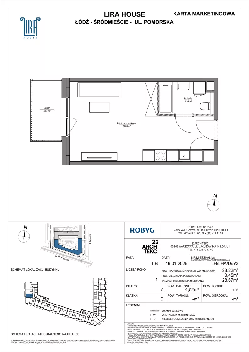 1 pokój, mieszkanie 28,22 m², piętro 5, oferta nr LH/LHA/D/5/3, Lira House, Łódź, Śródmieście, ul. Pomorska