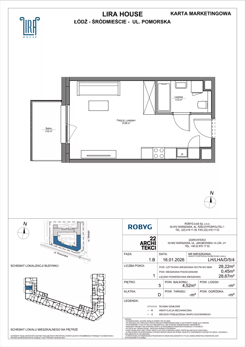 1 pokój, mieszkanie 28,22 m², piętro 5, oferta nr LH/LHA/D/5/4, Lira House, Łódź, Śródmieście, ul. Pomorska